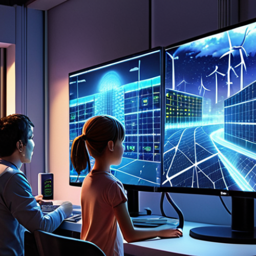 **

"Futuristic cityscape at night, glowing with interconnected smart grids. Solar panels and wind turbines seamlessly integrated. Data streams flowing between buildings and a central EMS control center. A family looking at a monitor displaying real-time energy consumption data in their smart home. Emphasis on efficiency and sustainability. Soft, inviting lighting. Anime style."

**