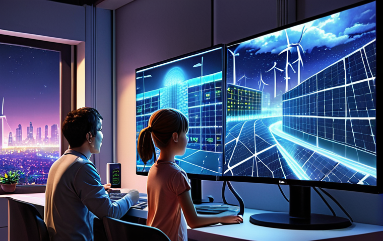 **

"Futuristic cityscape at night, glowing with interconnected smart grids. Solar panels and wind turbines seamlessly integrated. Data streams flowing between buildings and a central EMS control center. A family looking at a monitor displaying real-time energy consumption data in their smart home. Emphasis on efficiency and sustainability. Soft, inviting lighting. Anime style."

**
