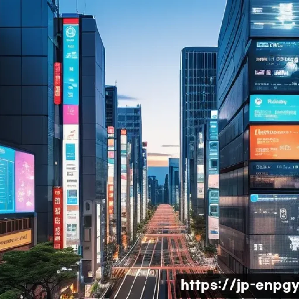 에너지 배분 최적화를 위한 글로벌 사례 - A futuristic smart cityscape in Japan at dusk, featuring sleek high-rise buildings with glowing smar...