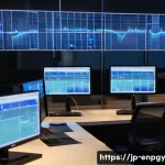 에너지 배분 최적화를 위한 통계적 기법 - A modern Japanese office environment at night, showcasing an energy management system in action; sma...