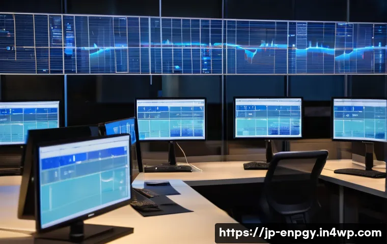 에너지 배분 최적화를 위한 통계적 기법 - A modern Japanese office environment at night, showcasing an energy management system in action; sma...