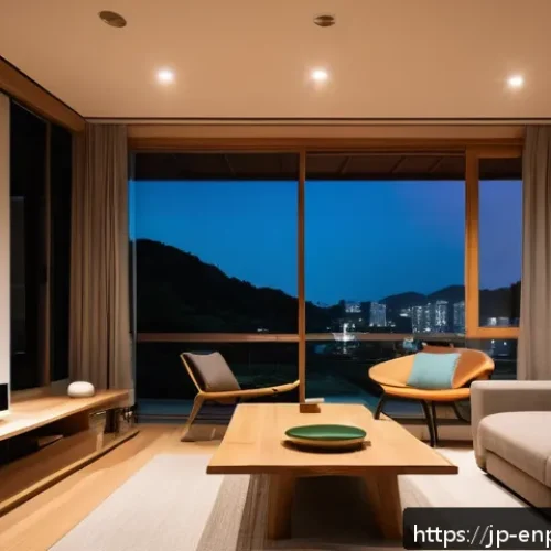 전력 제한 시나리오에서의 배분 전략 - A modern Japanese household living room at dusk, featuring energy-efficient LED lighting illuminatin...