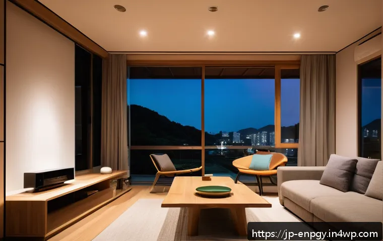 전력 제한 시나리오에서의 배분 전략 - A modern Japanese household living room at dusk, featuring energy-efficient LED lighting illuminatin...