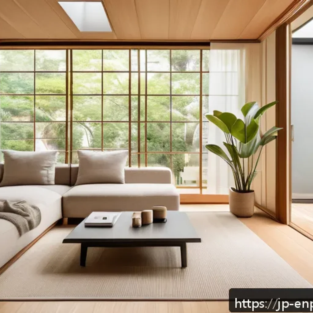 에너지 효율 향상을 위한 에너지 관리 - A cozy modern Japanese living room bathed in natural daylight streaming through large windows, with ...