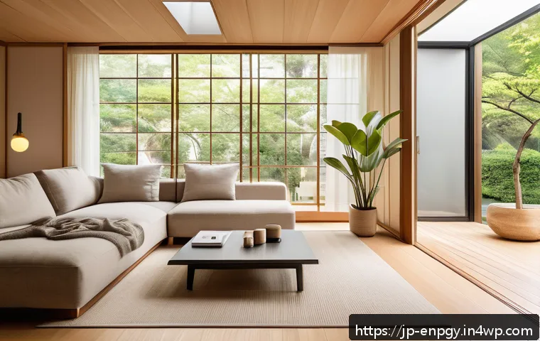 에너지 효율 향상을 위한 에너지 관리 - A cozy modern Japanese living room bathed in natural daylight streaming through large windows, with ...