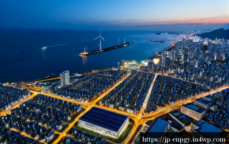 도시 에너지 배분 최적화 사례 분석 - Photorealistic aerial view of a modern Japanese city at dusk, residential neighborhoods, office towe...