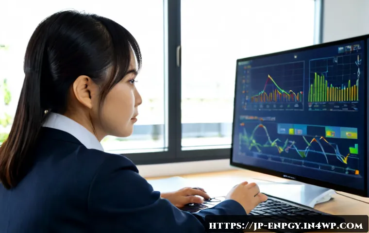 에너지 배분 분석을 위한 소프트웨어 도구 - Photorealistic modern energy management office in Japan, Japanese engineer reviewing a clean softwar...